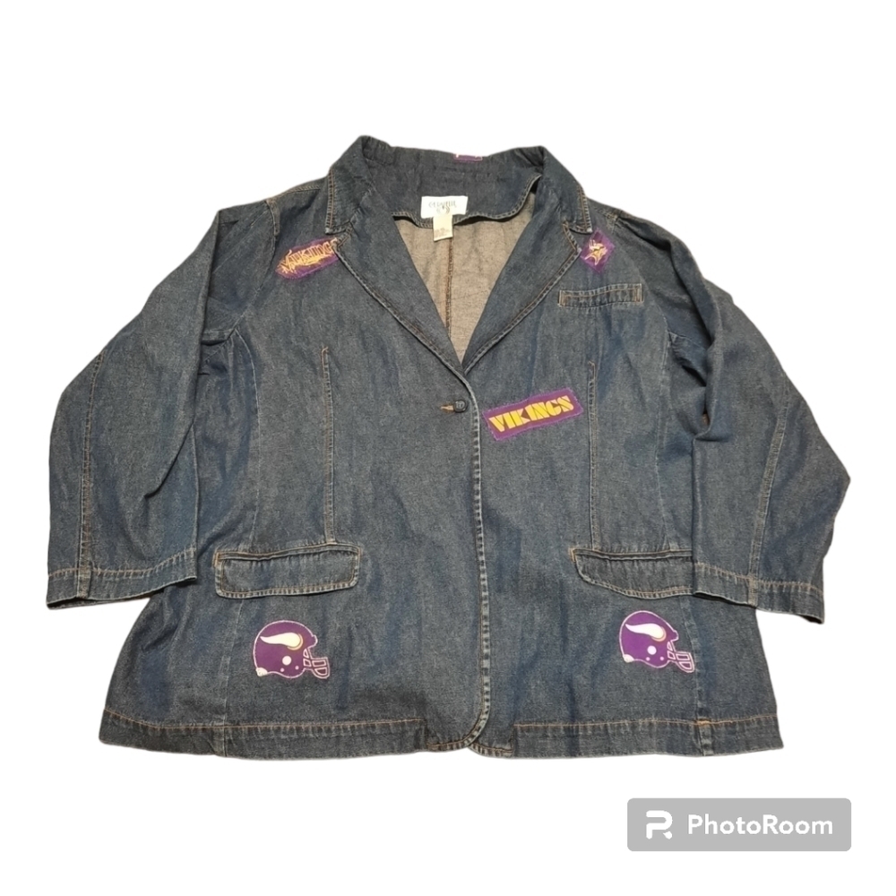 Vintage Homemade MN Vikings Patchwork Cervelle Chambray Blazer Size 3X Blue